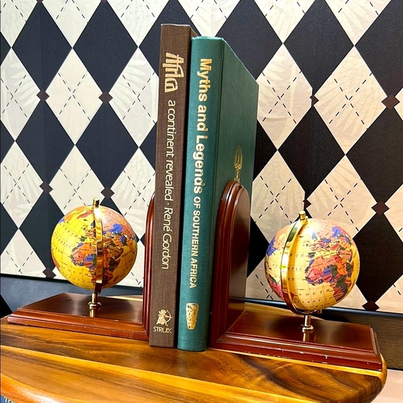 Elegant Vintage Globe Bookends | Brass & Wood | Timeless Library Accent - Picture 7 of 14